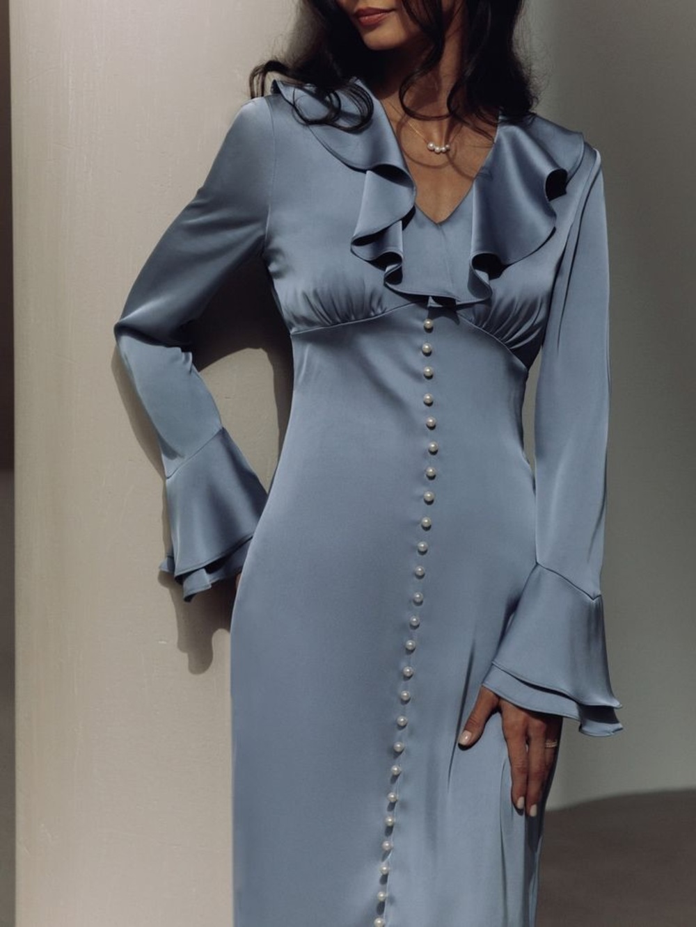 Pearl-Button Ruffle Satin Dress in Dusty Blue